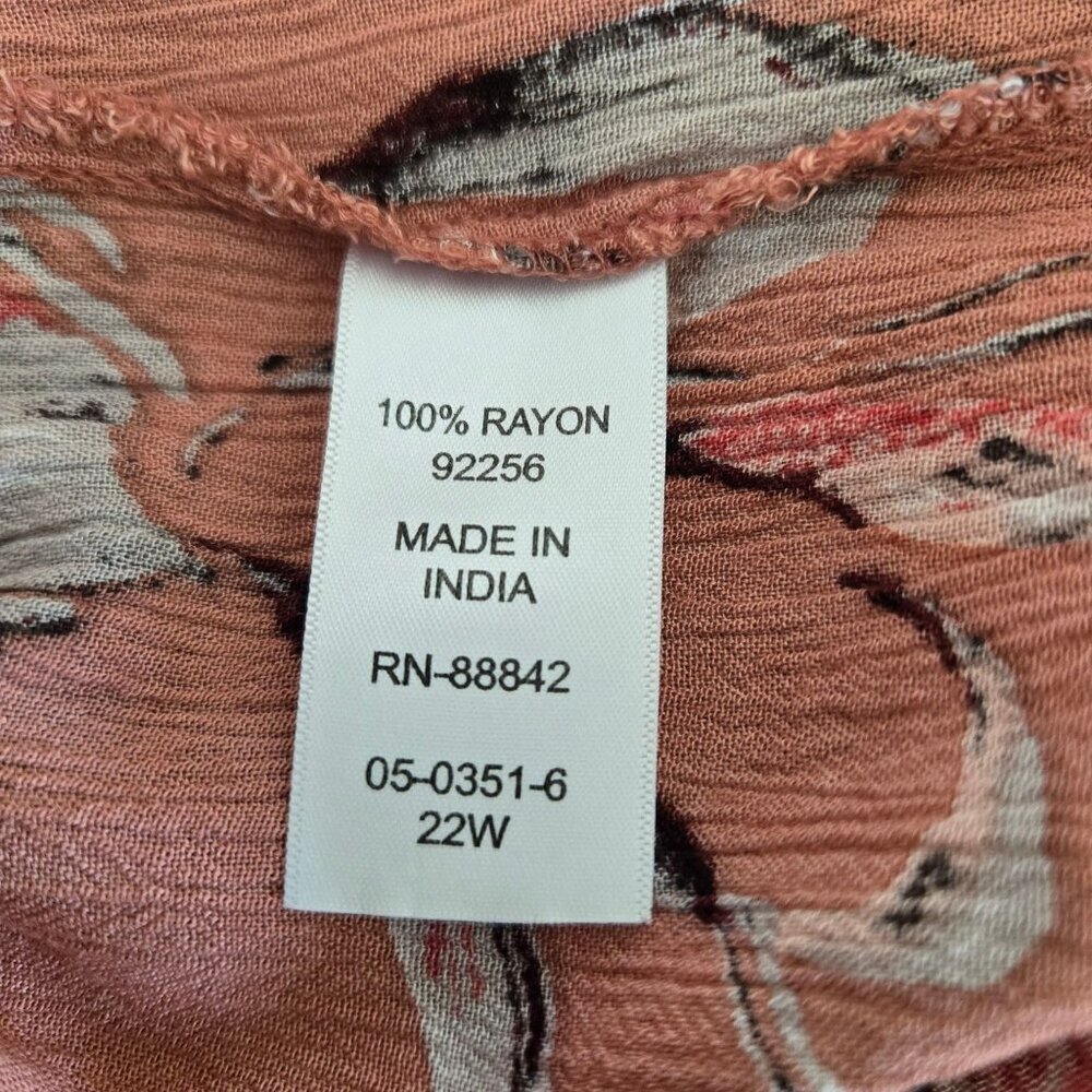 Woman Within Dark Peach Floral Print Dress 22W Roll Tab Sleeves Button Front - Picture 13 of 14